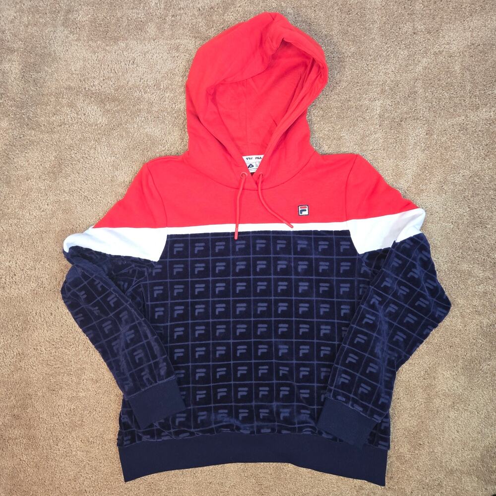 FILA Velour Logo Hoodie Red White Navy Y2K Retro Color Block Pullover Small